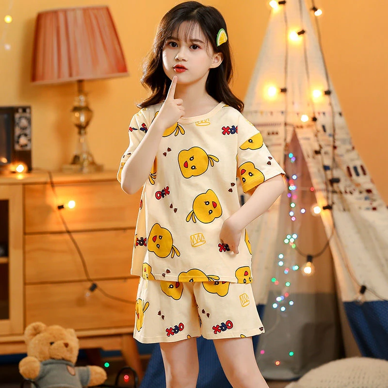 cotton nightgowns Baby Girl Pajama Sets Summer Pyjama Boy Short Sleeve Pijama Top Pants 2pcs Children Sleepwear Duck Cartoon Korea Kids Night Wear baby girl nightgowns