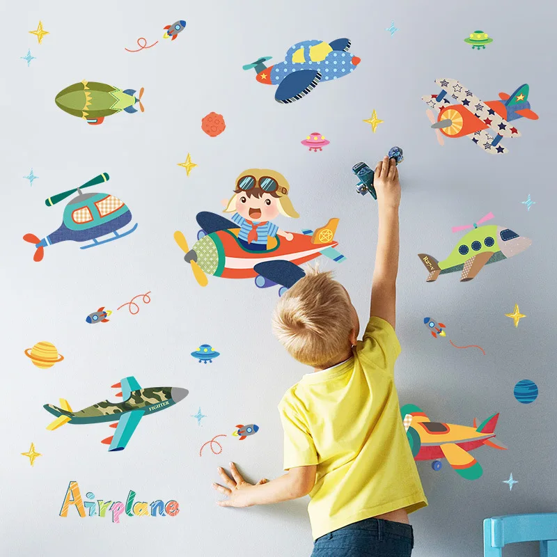 Cartoon Airplane Adhesive Paper Kindergarten CHILDREN'S Room Bedroom Wall Background Decoration Wall Stickers Removable Stickers