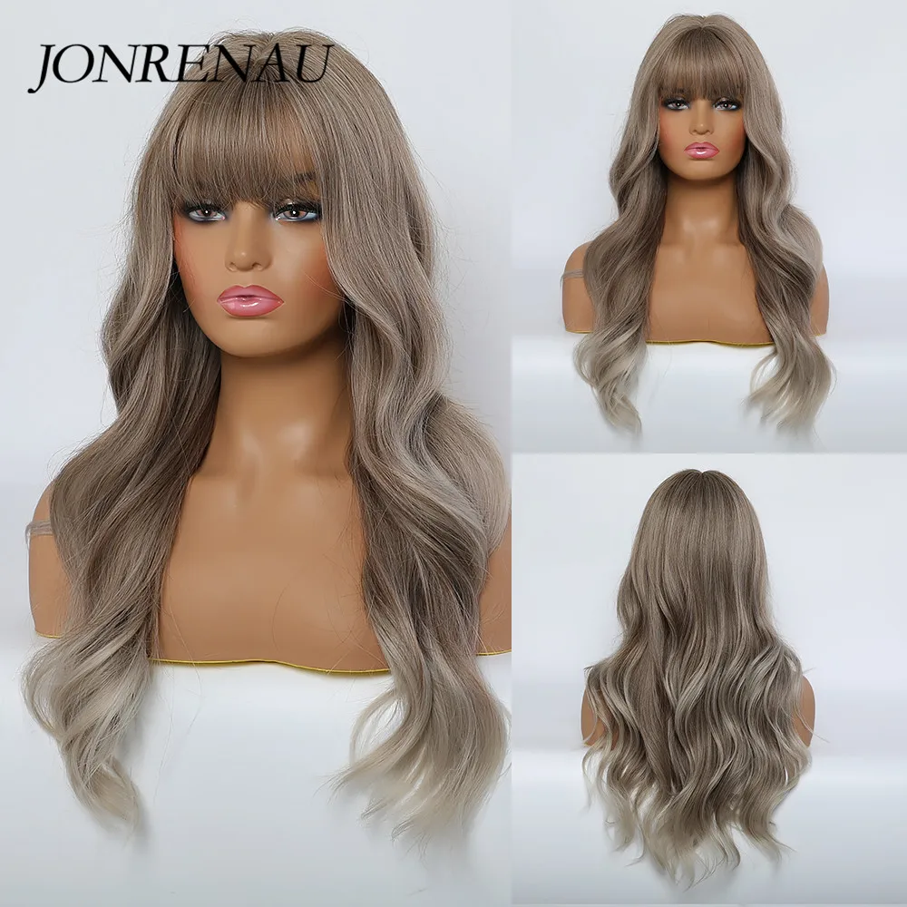 Highlights Long-Wave-Wigs Neat-Bangs Brown Color Women White/black Natural JONRENAU 