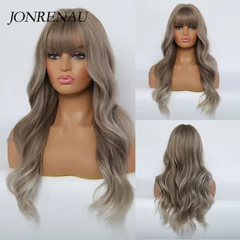 

JONRENAU Synthetic Light Brown Color with Highlights Natural Long Wave Wigs with Neat Bangs for White/Black Women Everyday Wigs
