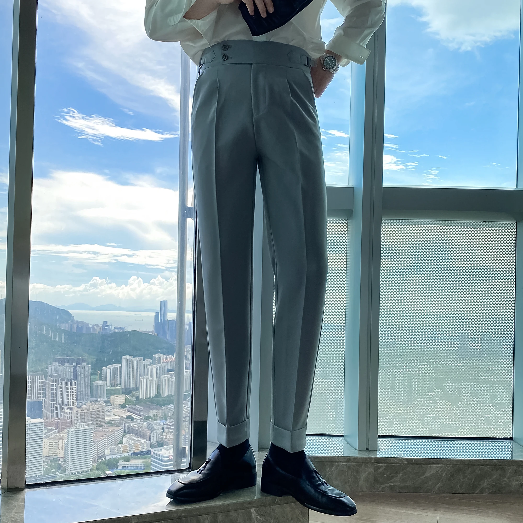 Fall Men's Business Dress Pants Solid Color Temperament Trousers British Casual Slim Suit Pants High Waist Wedding Streetwear