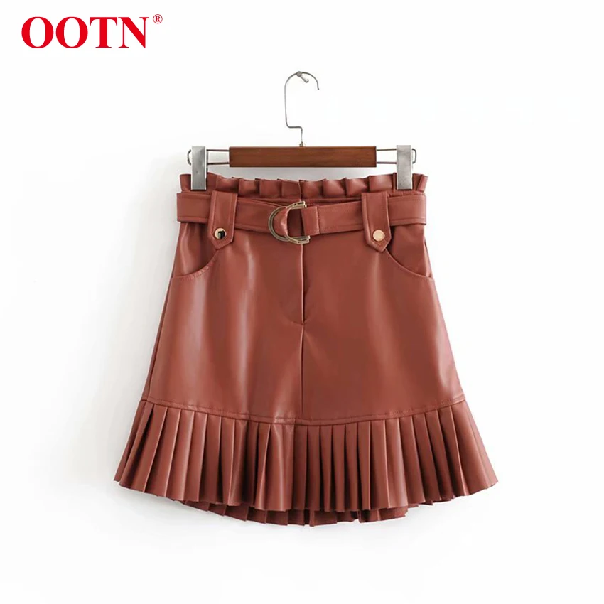 OOTN, модная короткая мини-юбка из искусственной кожи, Женская плиссированная юбка с поясом, карманами и оборками, высокая талия, женские юбки с оборками, уличная одежда