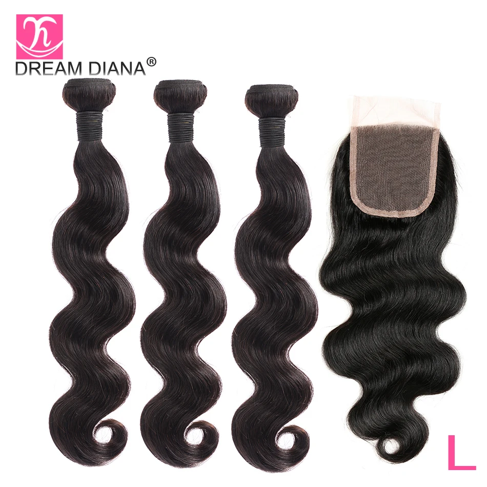 

DreamDiana Brazilian Body Wave And Closure 8"-28"L Remy Weave 3/4 Bundles With Lace Closure Black 100% Human Hair With Closure