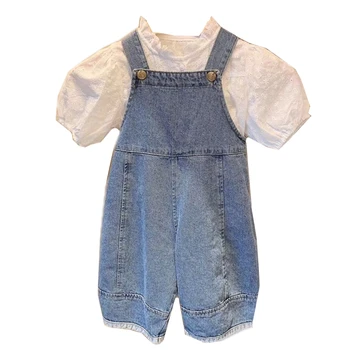 

Children's Girls Spring and Summer Korean Style Sweet Bubble Sleeve Baby White Shirt + Denim Overalls Suspender Trousers 90-160