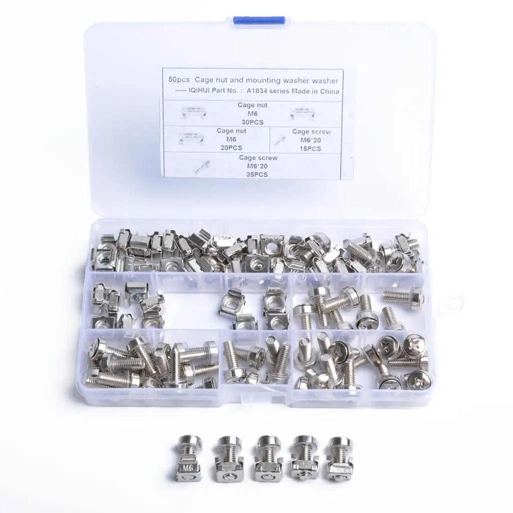 50 Pack Lot - M6*20 Rack Mount Cage Nuts & Screws w/ Washers - Square Clips