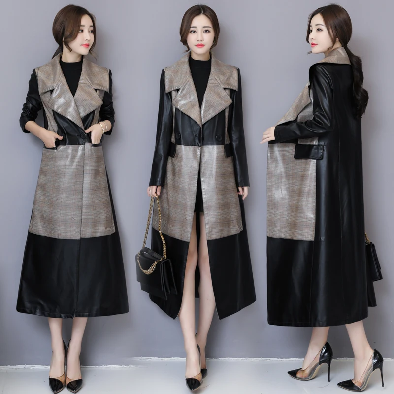 Khaki Модные x-длинные Лоскутные Куртки из искусственной кожи женские зимние осенние тренчи с отложным воротником женские пальто из искусственной кожи размера плюс 5XL - Цвет: Khaki