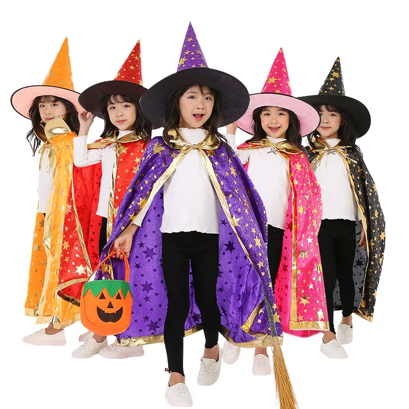 

Children Halloween Costumes Star Wizard Witch Cloak Cape Robe with Pointy Hat Cosplay Props Birthday Party Mardi Gras Accessory