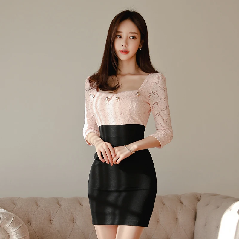 

2020 spring fashion Korean version of the high waist waist temperament square collar package hip slim dress skirt