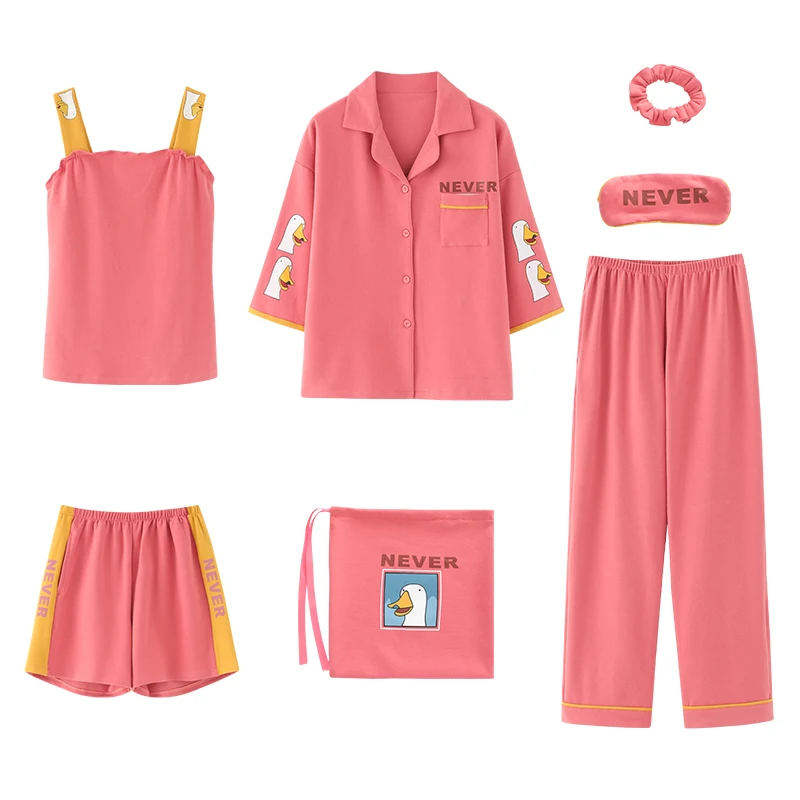 

Pijama Cotton 2020 New Trendy Ladies Lingerie Pj Set 7 Pieces Multi-wear Spring Summer Home Clothes Cotton Nightwear Home Suits