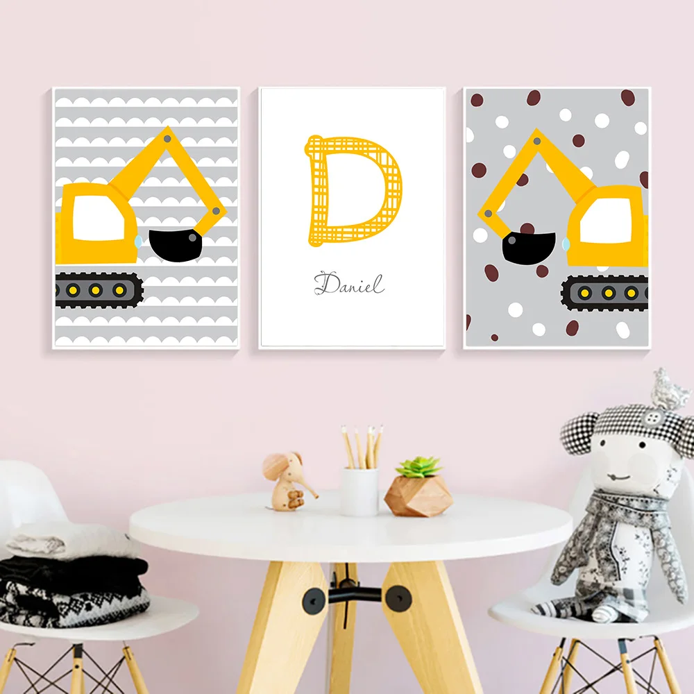 Personal-Boy-s-Name-Custom-Poster-Nursery-Print-Cartoon-Excavator-Wall-Prints-Nordic-Canvas-Painting-Kids (1)
