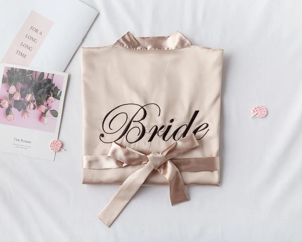 bride 2 Сексуальное повседневное Короткое женское кимоно платье Lettle вышивка невесты свадебное платье для невесты удобные атласные шарфы ночное белье домашняя одежда - Цвет: bride 2