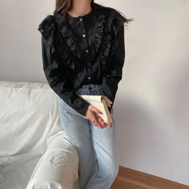 REALEFT Spring Lace Patchwork Women's Shirts Female Blouse Long Sleeve Stand Collar Korean OL Style Women Elegant Blouses