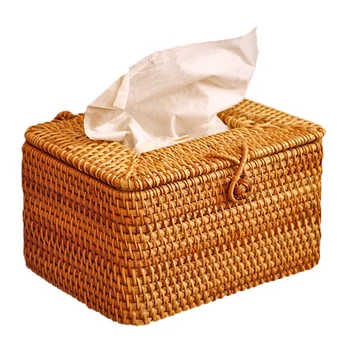 

AU -Rectangle Paper Rack Rattan Tissue Box Elegant Home Decoration Handmade Desktop Tissue Container Napkin Storage Case