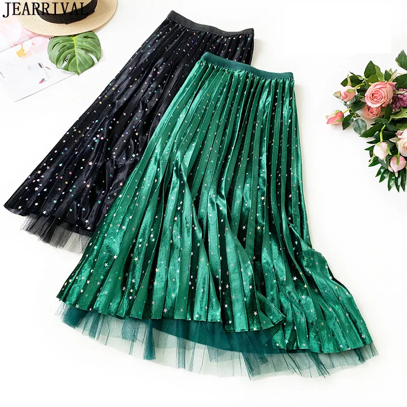 

Fashion Both-Side Wear Long Skirts Womens High Waist Star Print Pleated Skirt Autumn Winter Flared Maxi Skirt Saia Faldas Mujer
