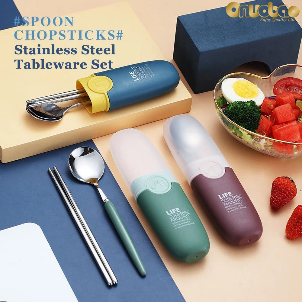 

[Onuobao] 304 Stainless Steel Chopsticks Spoon Set of 2 Portable Boxed Children's Student Travel Tableware Ceramic Handle Spoons