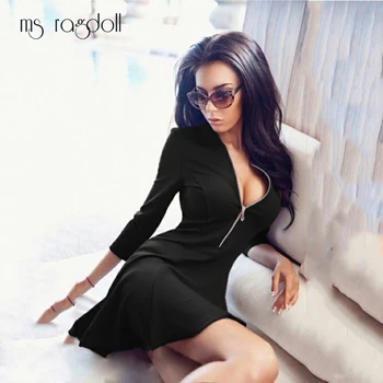 

Ms Ragdoll Women Sexy Mini Dresses Half Sleeve Zippers Платье Осень High Elasticity Dress Deep V Neck Vestidos Ropa Mujer