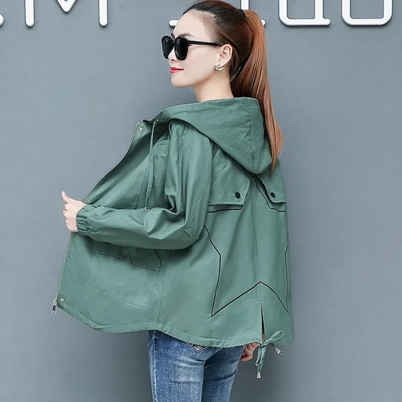 Hole green UHYTGF женская одежда Весна Осень Тренч свободный 4XL Плюс Размер Топ Женская мода с капюшоном Повседневная короткая ветровка 942 - Цвет: Hole green