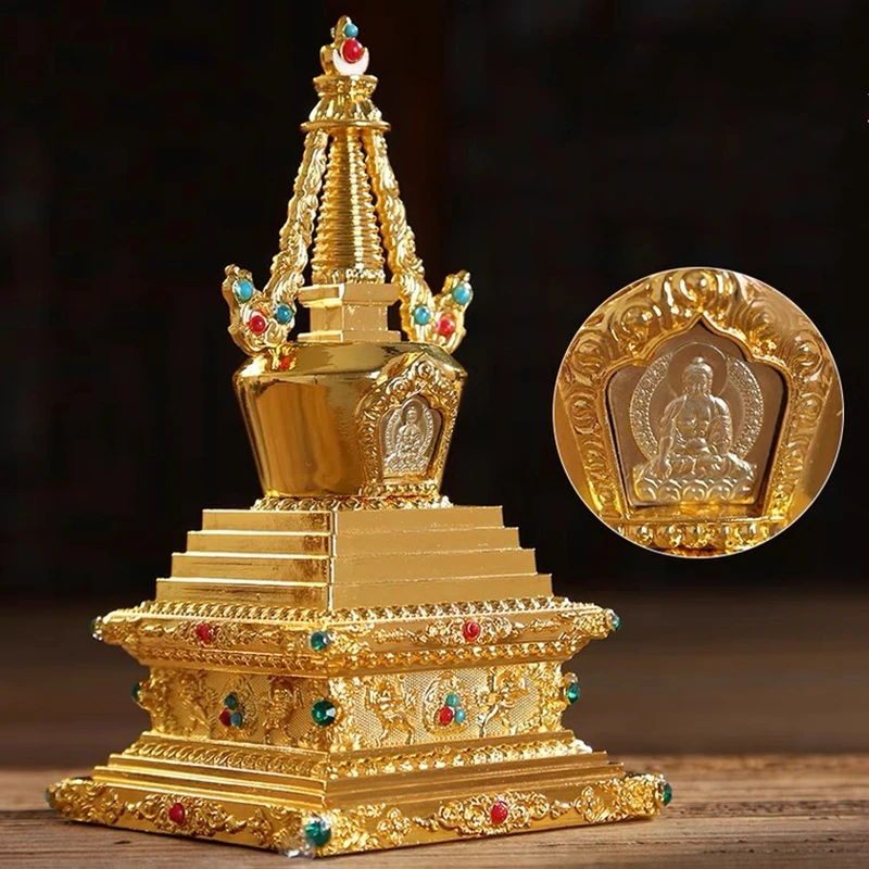 Золотая тибетская гравированная статуя Будды Stupa Tantric сплав ручной работы