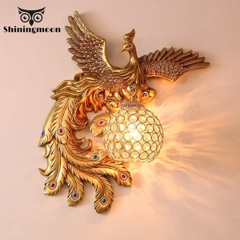 

European Luxury Wall Lamp Bohemia Colorful Peacock Lusters Crystal Lampshade Wall Light Bedroom Bedside Resin Wall Sconce Lamp