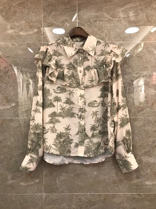 

2019 Early Autumn New Woman Turn-lapel Tree Printed Pattern Decoration Long-sleeved Blouse 829