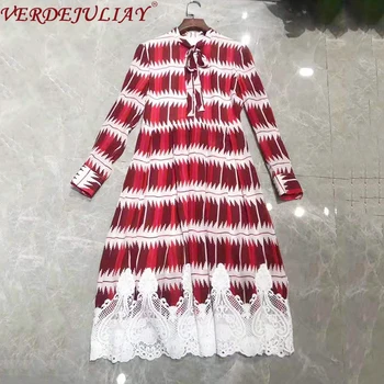 

VERDEJULIAY European High Street Geometric Print A-Line Dresses Women Elegant Bow Collar 2020 Spring Luxury Lace Midi Silk Dress