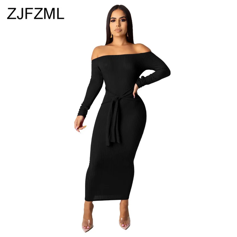 

Backless Slash Neck Sexy Bandage Dress Women Long Sleeve Belt Skinny Package Hip Dress Empire Solid Bodycon Party Causal Dress
