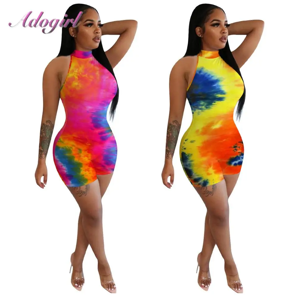

Sexy Tie Dye Print Backless Halter Night Party Club Skinny Short Jumpsuit Women Summer Sleeveless Street Playsuit Outfit Rompers