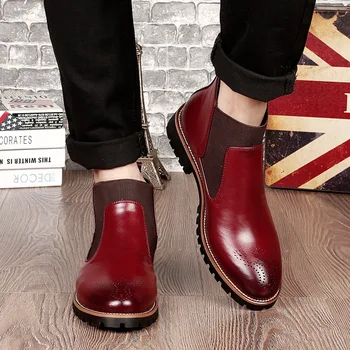 

Men Chelsea Boots Slip-on Waterproof Ankle Boots Men Brogue Fashion Boots Microfiber Leather Shoes Big Size 2010 Brand Mazefeng