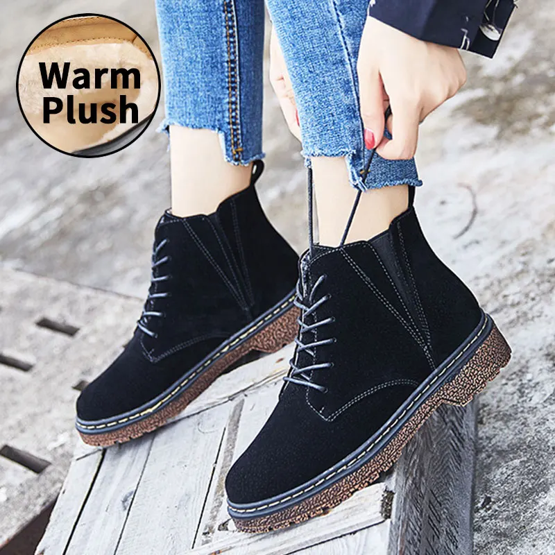 

NKAVQI Women Boots Winter Warm Plush Snow Martin Boots Woman Casual Suede Botas Shoes Female Ankle Boot Motorcycle mujer zapatos