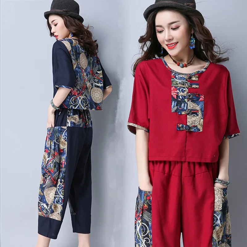 

Photo Shoot 2019 New Style Ethnic-Style Summer Short-sleeved Top Loose Pants Loose And Plus-sized Cotton Linen Set