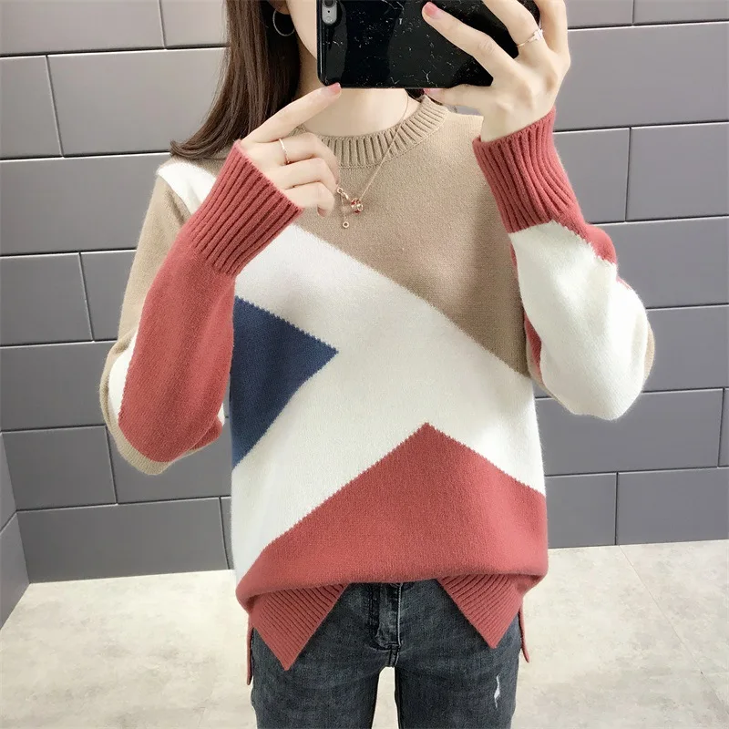 Осень Зима Pull Femme Nouveaute Женский Цветной лоскутный свитер Толстая вязаная одежда трикотажный пуловер Топы