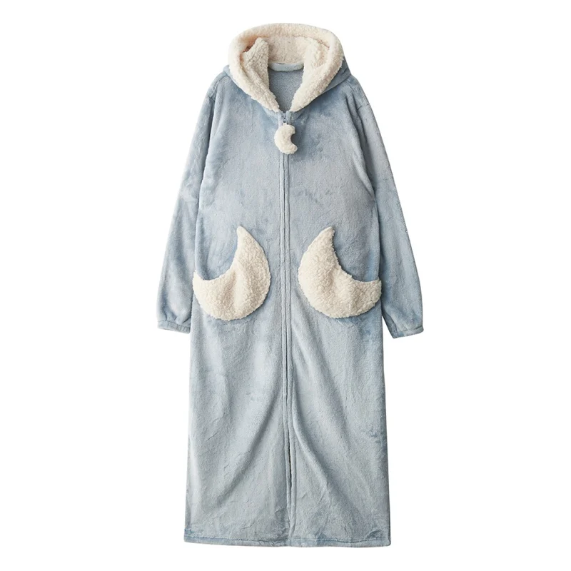 Autumn And Winter Robe Plus Long Robe Coral Velvet Couple Nightgown Thickening Five-pointed Star Pocket Hooded Long Home Robe