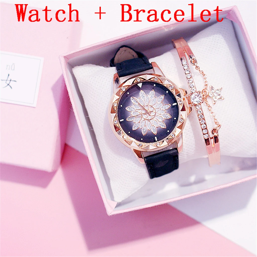 Black bracelet Женские часы с браслетом, женские часы с цветами, повседневные кожаные кварцевые наручные часы, подарочные часы, Relogio Feminino - Цвет: Black bracelet