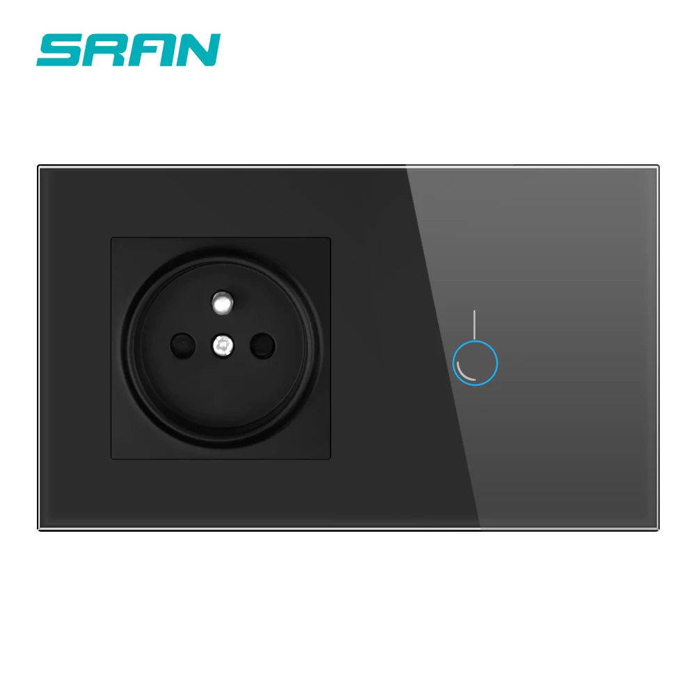 SRAN, французский сенсорный переключатель с розеткой, стеклянная панель, 170~ 250 В, 16A, 146*86, настенная розетка, светильник, 2 комплекта, 1 способ - Цвет: Black 1gang 1way FR