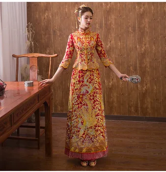 

Chinese Traditional Wedding Dress Cheongsam Long Qipao Red Rhinestone Oriental Style Dresses China Clothing Store Vestido Chino