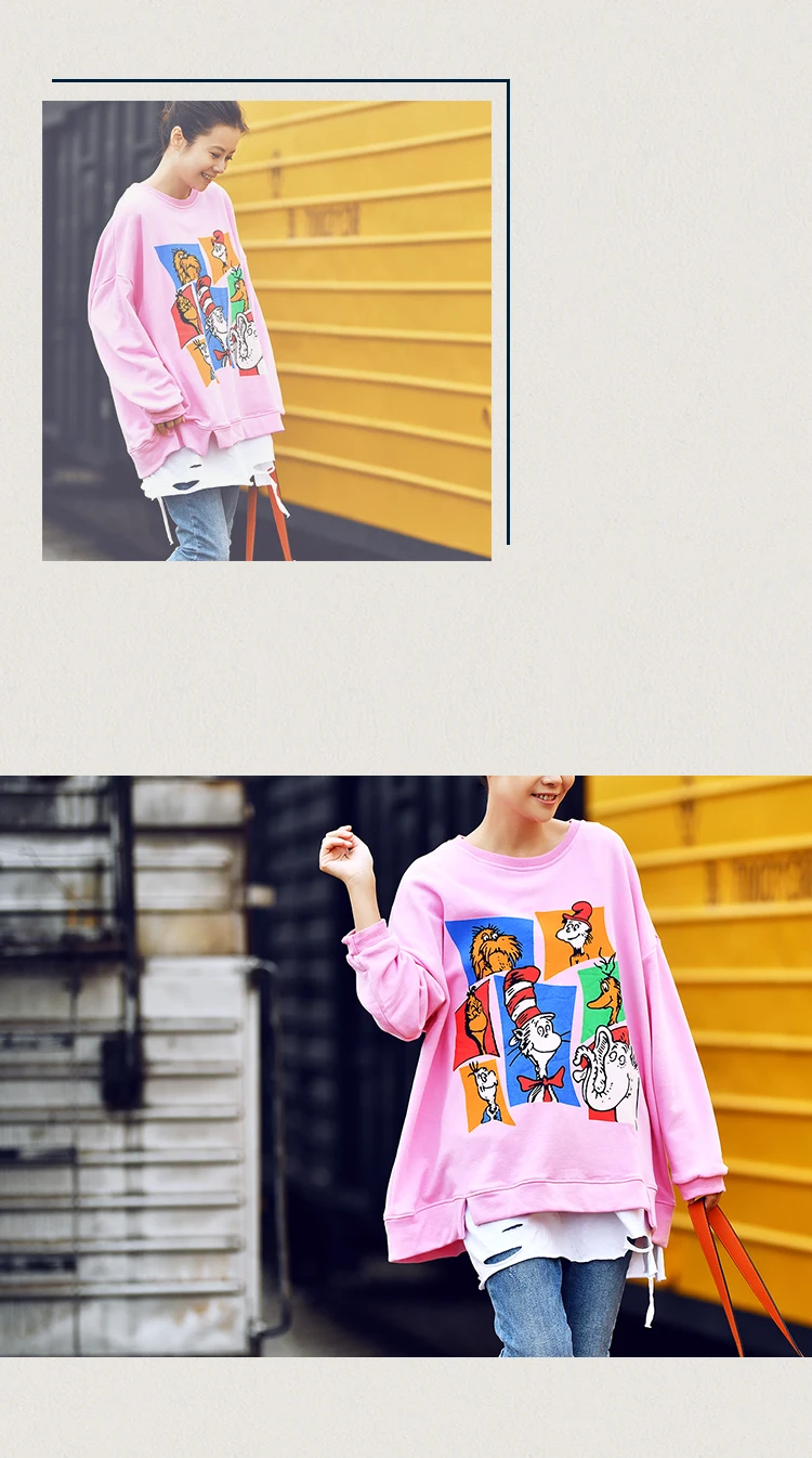 R2725 Arts and art reduce age cartoon printing soft pink loose round collar short hoodie female autumn and winter