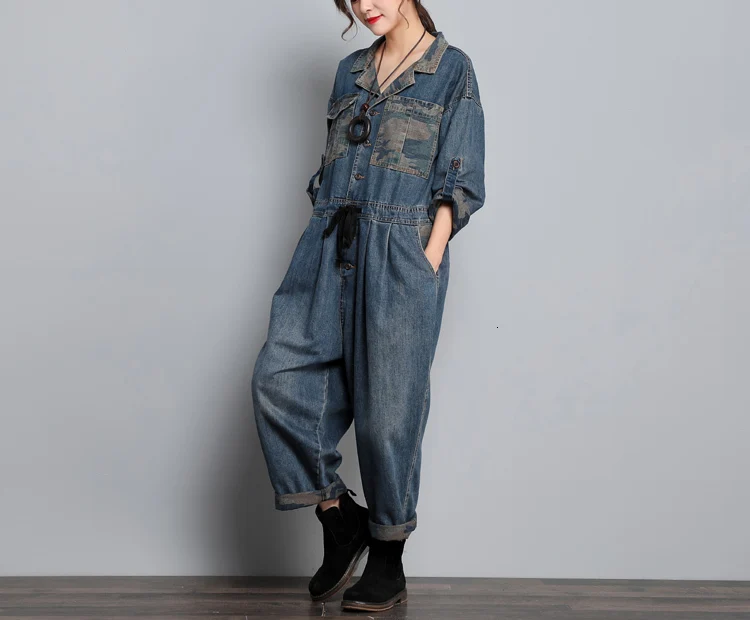 Women Baggy Wide Leg Jean Jumpsuit Blazer Style Long Sleeve Cowboy One Piece Drop Crotch Overall Original Europe Denim Rompers