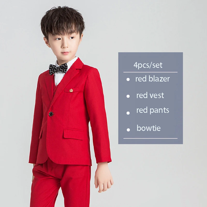 red 4pcs Autumn Children's Formal Suit Set Flower Boy Wedding Piano Show Host Costume Kids Tuxedo Vest Pants Shirts Bowtie 5pcs Clothes - Цвет: red 4pcs
