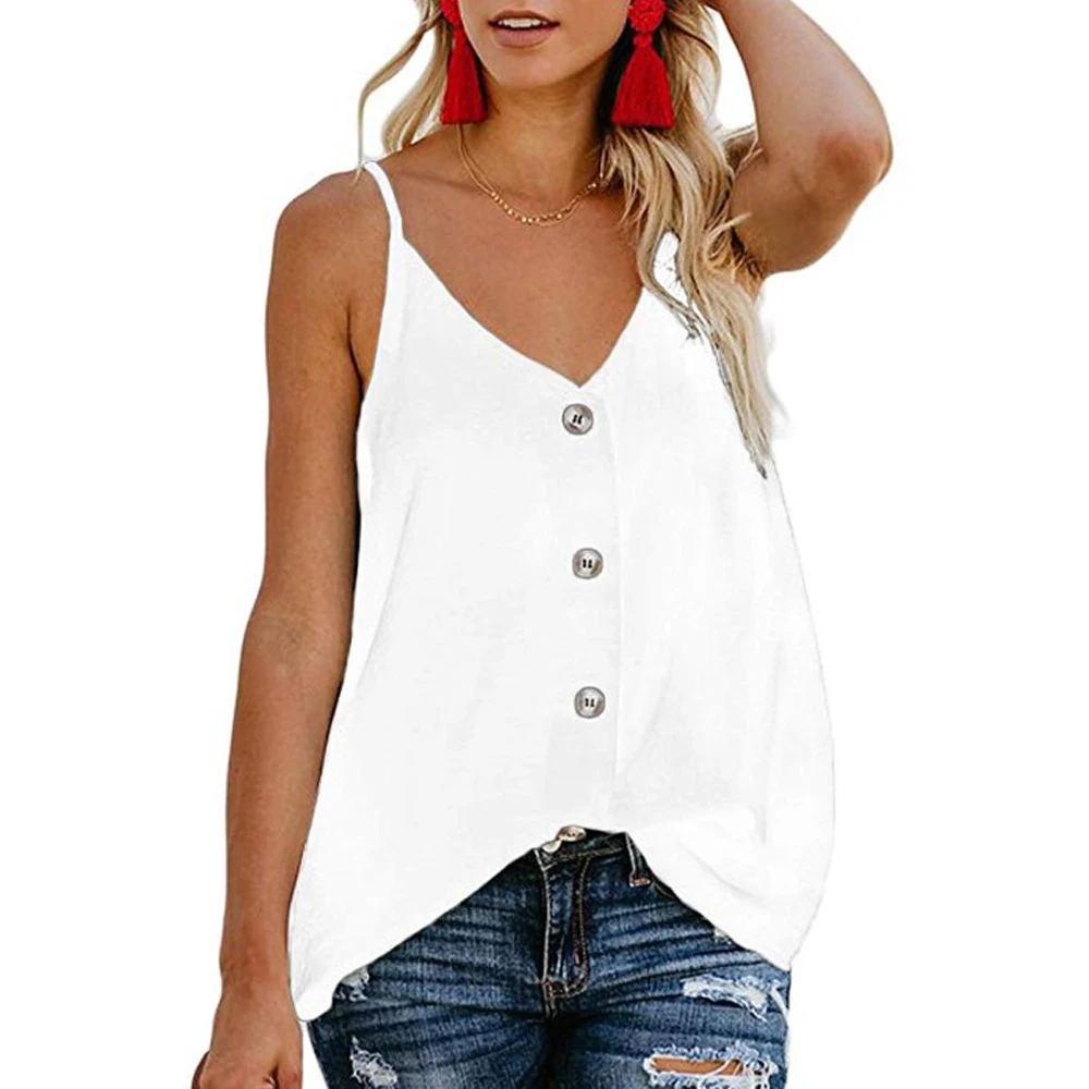 Summer Sexy Spaghtti Strap Blouse Women 2020 New Casual Tops Sleeveless Buttons Adjustable V Neck Ladies Chiffon Blouses