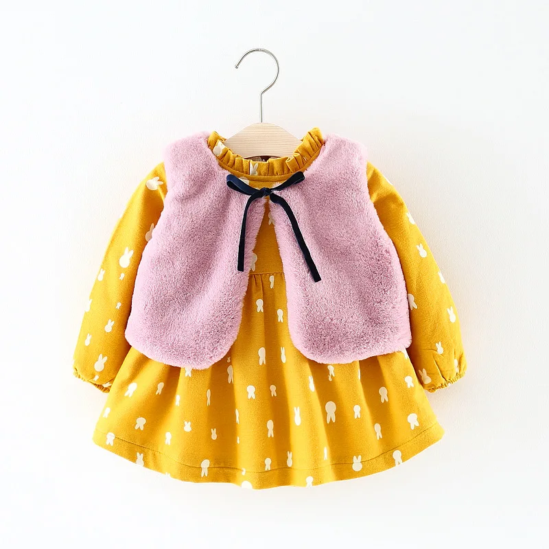Yellow Уплотненное платье для малышей+ меховой жилет платье из 2 предметов г. Осенне-зимнее платье принцессы для маленьких девочек, вечерние платья для малышей Одежда для новорожденных - Цвет: Yellow
