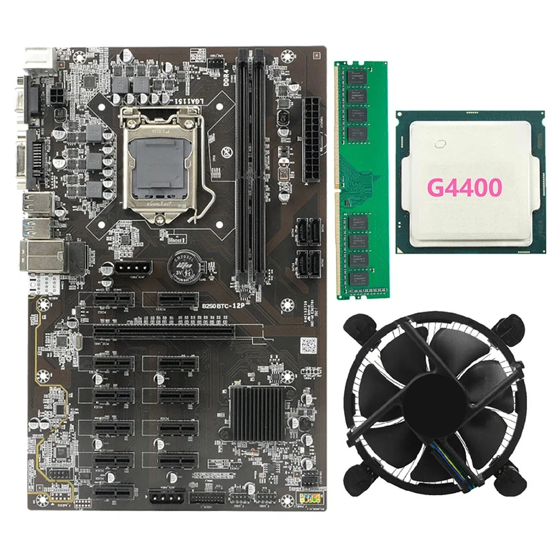 BTC-B250 Mining Motherboard Supports 12 GPU LGA1151 +G4400 CPU+DDR4 4G 2666MHZ Memory Stick + Black Fan | Компьютеры и офис