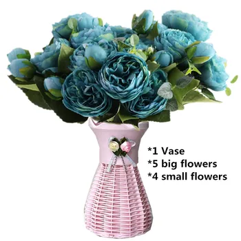 

Vase + 5 Big Heads and 4 Buds Artificial Decor Flower Fake Pink Rose Flower High Quality Flowers Bridal Wedding Home Decoration