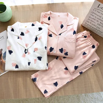 

Autumn Cotton Pajamas for Women Home Suit Nightie Long Sleeve Sleepwear Heart Print Lounge Wear Pijama Feminino Pyjama Femme