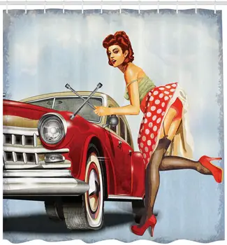 

Pin up Girl Shower Curtain Retro Girl with Polka Dot Patterned Midi Skirt Fixing Classic Red American Car Cloth Fabric Bathroom