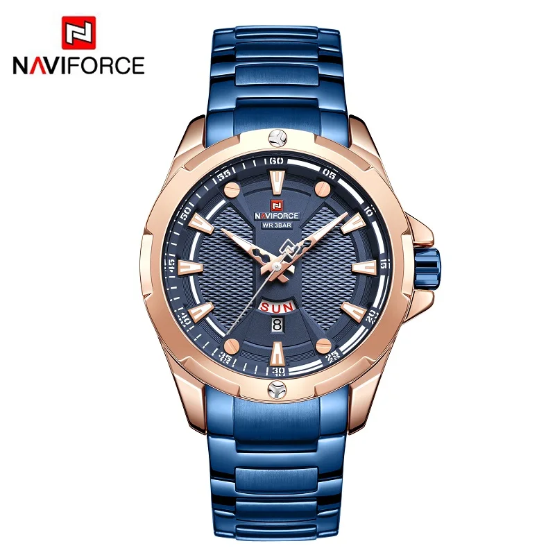 NAVIFORCE модные водонепроницаемые мужские спортивные часы лучший бренд класса люкс кварцевые часы ремешок из нержавеющей стали повседневные наручные часы - Цвет: RG BLUE