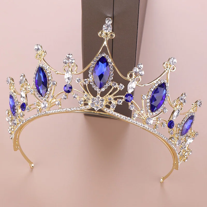 Винтажные золотые украшения для волос, синие кристаллы, стразы, диадемы, диадемы и короны, королевская принцесса, свадебные аксессуары для волос, головной убор