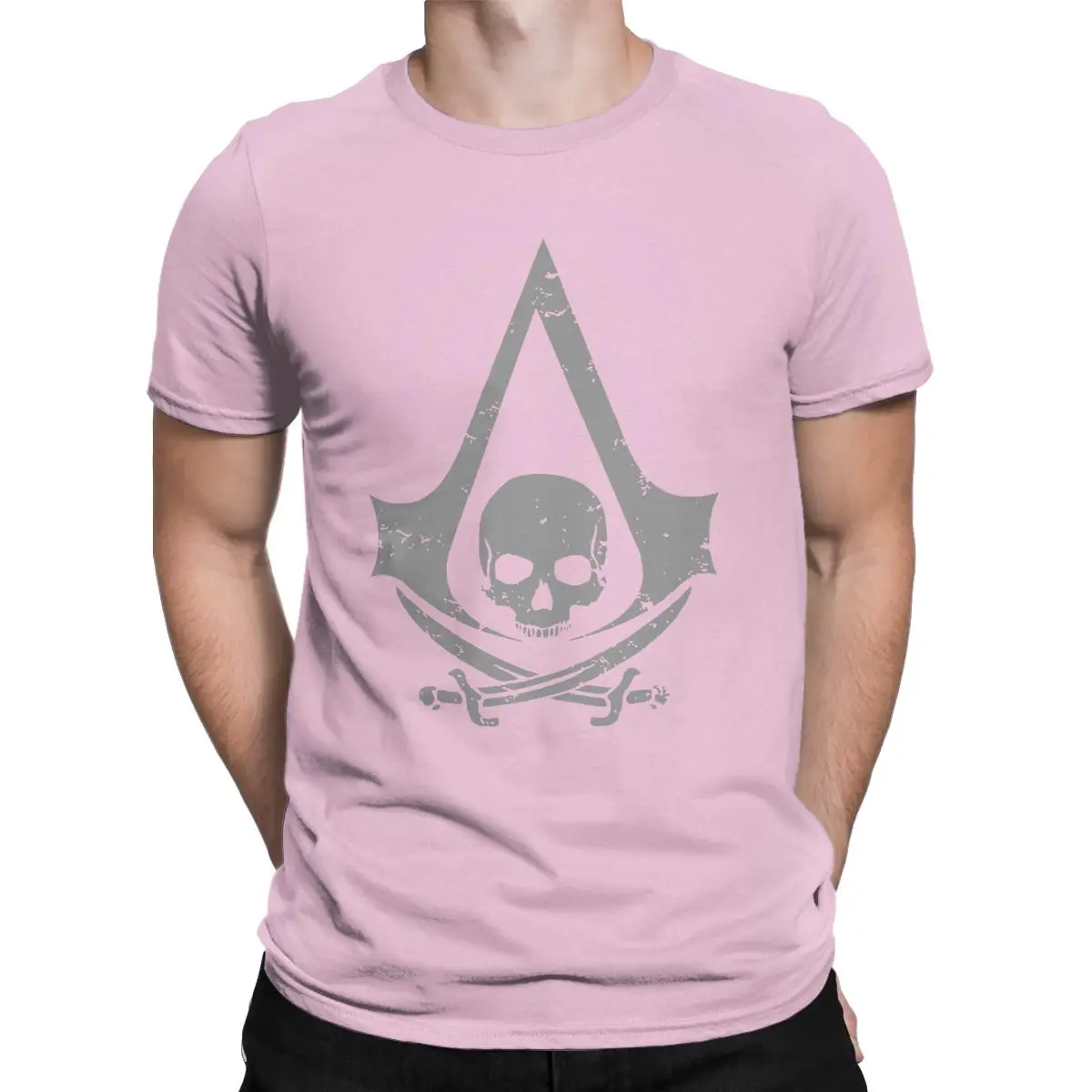 Мужские футболки с пиратским черепом, готическая одежда для игры Assassins Creed, винтажные футболки с коротким рукавом и круглым вырезом, футболки с идеей подарка - Цвет: Розовый