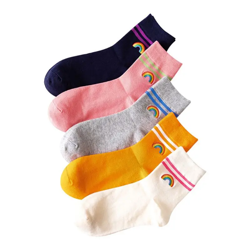 5 Pairs Women Cotton Crew Socks Double Stripes Rainbow Bridge Embroidery Hosiery 95AB