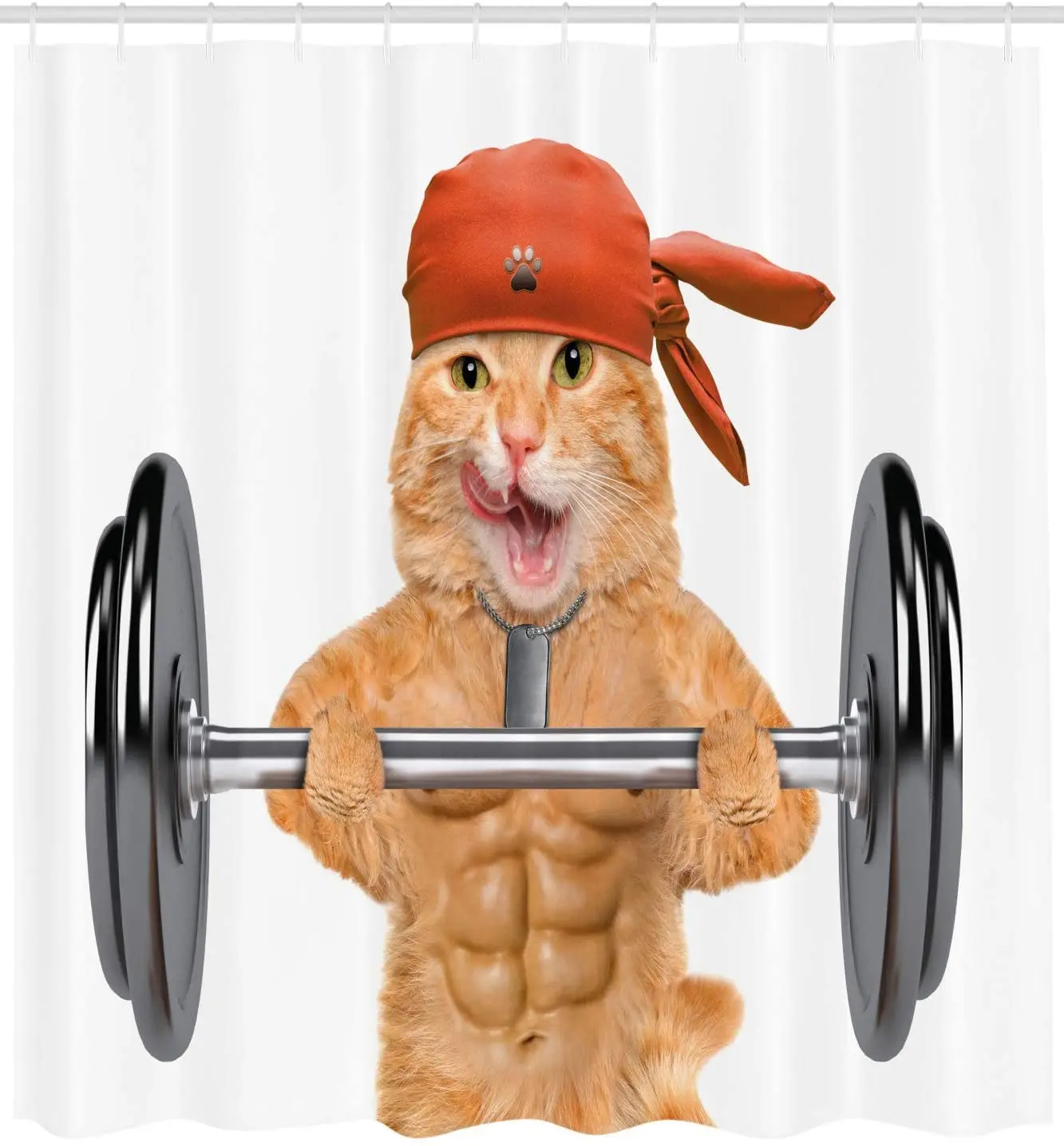 Funny Shower Curtain by Fitness Cat Lifting A Big Dumbbell Muscled Kitty Body Building Gym Humor Image Fabric Bathroom Decor Set | Дом и сад