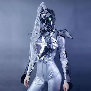 

Silver Future technology sense silver mirror stage jumpsuit set soldier men and women gogo dance team party rave costume mask